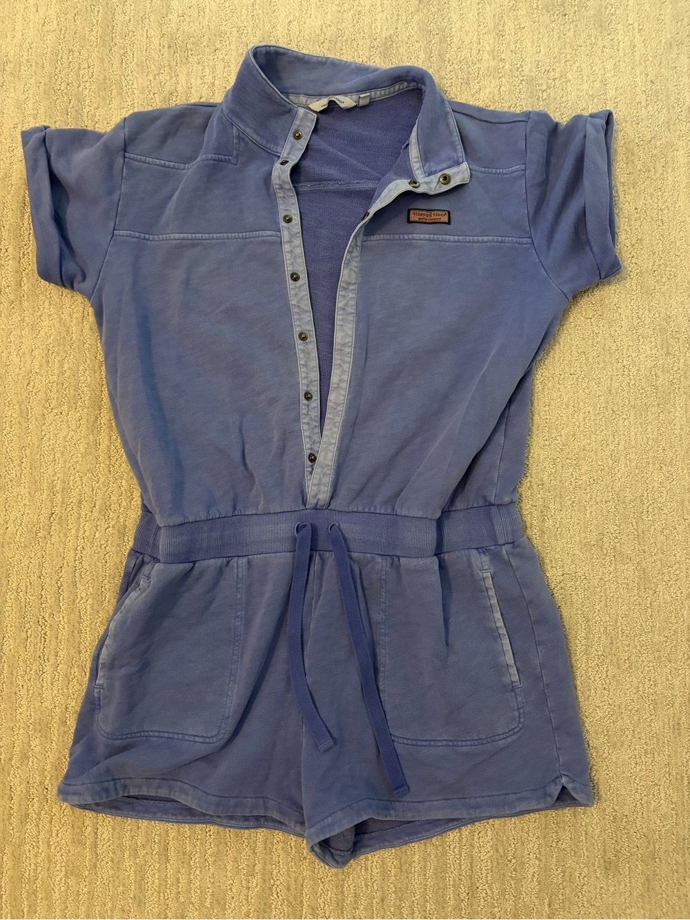 Women’s cotton blue Vineyard Vines romper with button closure and drawstring